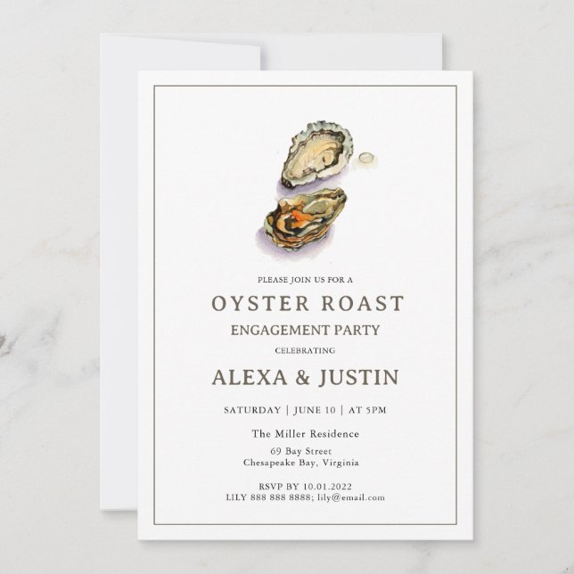 Invitación Fiesta de compromiso Watercolor Oyster Roast (Anverso)