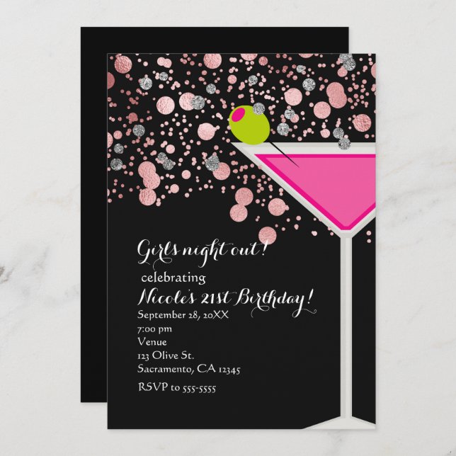 Invitación Fiesta de Confeti de Aceituna de Martini Rosa (Anverso / Reverso)