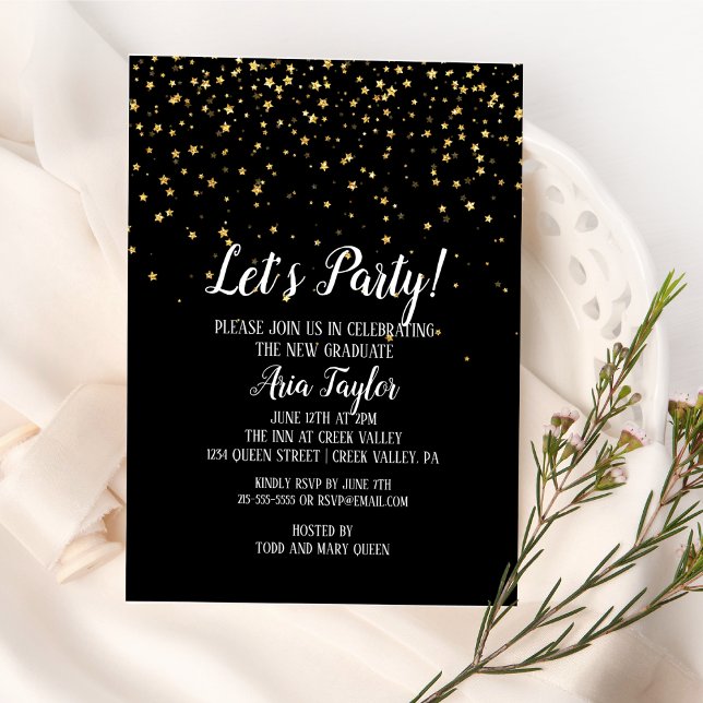 Invitación Fiesta de Confetti de Oro sobre graduación negra (Subido por el creador)