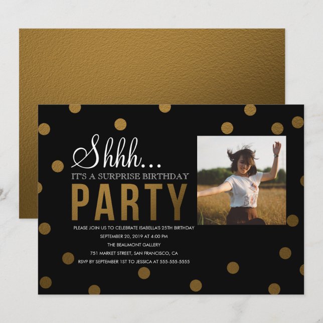 Invitación Fiesta de Confetti de Oro y Sorpresa Negra (Anverso / Reverso)