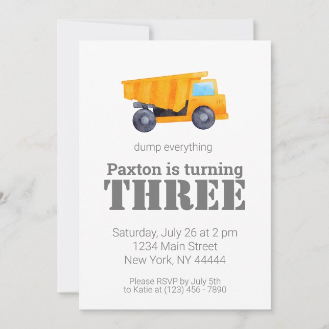 Invitación Fiesta de construcción de camión volcado (Anverso)