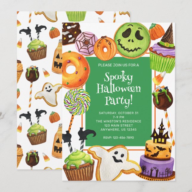 Invitación Fiesta de cookies y dulces de Halloween de acuarel (Anverso / Reverso)
