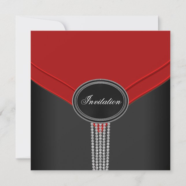 Invitación Fiesta de Corbata Negra Diamante Rojo Negro Blanco (Anverso)