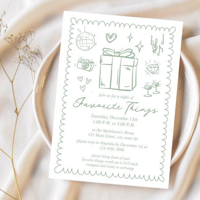 Invitación Fiesta de Cosas Favoritas Dibujadas a Mano en Verd (Subido por el creador)