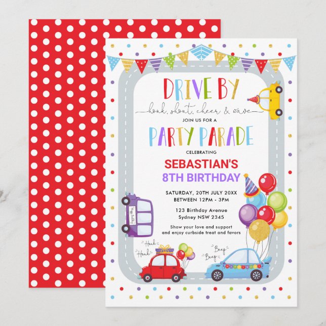 Invitación Fiesta de cuarentena del desfile de cumpleaños (Anverso / Reverso)