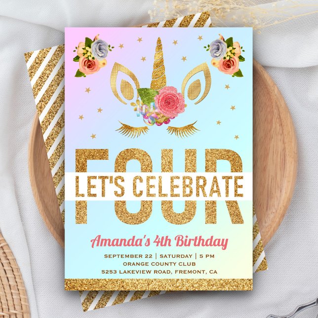 Invitación Fiesta de cuarto cumpleaños de Unicorn, Purpurina  (Subido por el creador)