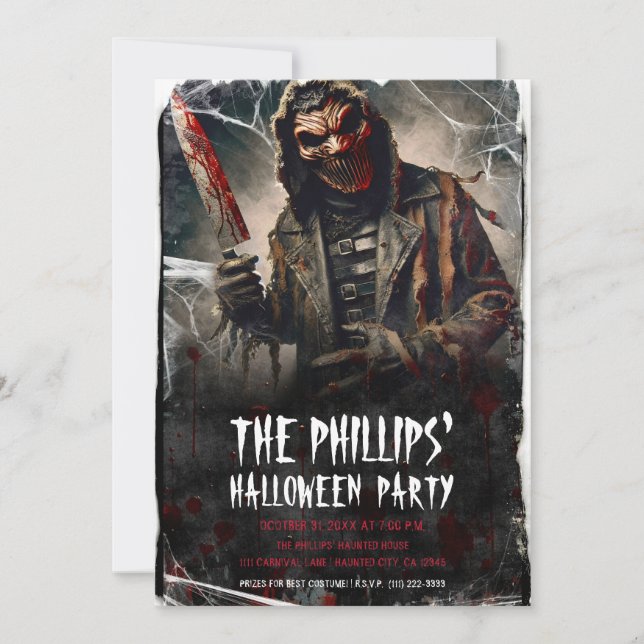 Invitación Fiesta de Cuchillo Sangriento y Máscara de Hallowe (Anverso)