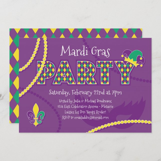 Invitación Fiesta de cuentas de Mardi Gras (Anverso / Reverso)