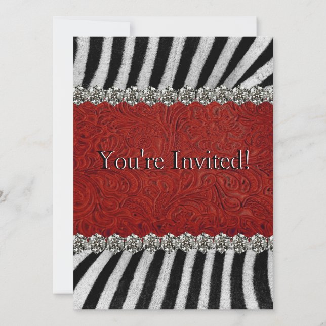 Invitación Fiesta de cuero rojo de los diamantes de imitación (Anverso)