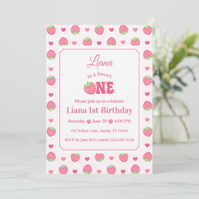 Invitación Fiesta de cumpleaños 1º Cute Strawberry Sweet One  (Anverso de pie)