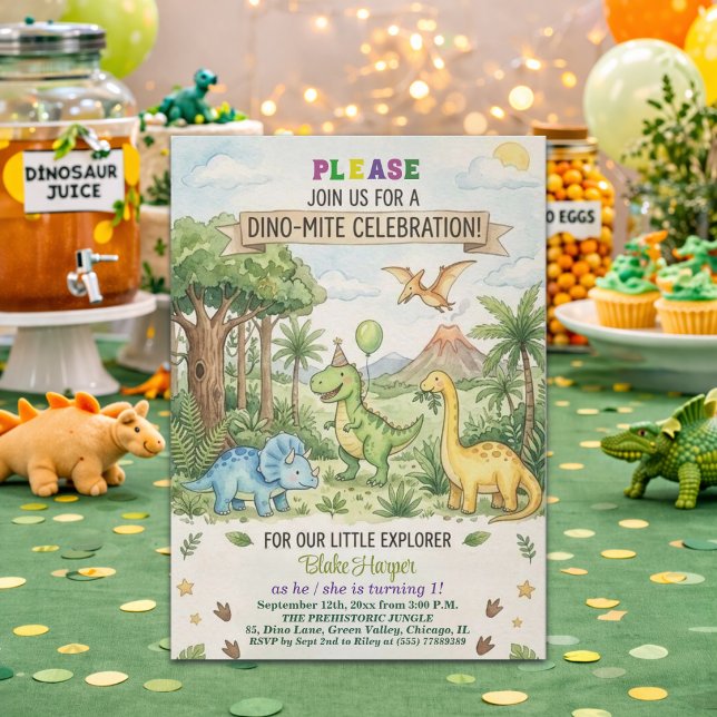 Invitación Fiesta de cumpleaños 1º de dinosaurios de acuarela (Subido por el creador)