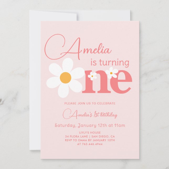 Invitación Fiesta de cumpleaños 1º de Foto Pink Daisy (Anverso)