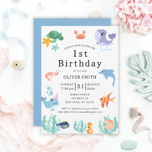 Invitación Fiesta de cumpleaños 1º de niños Animales marinos