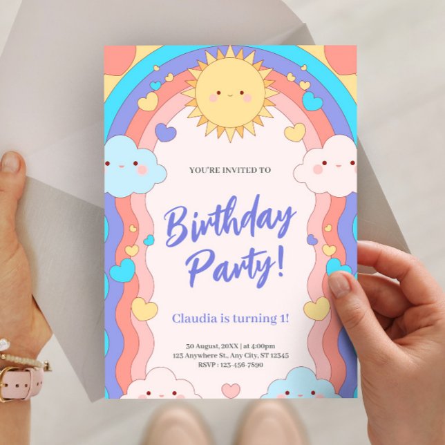 Invitación Fiesta de Cumpleaños 1º de Niños con Arcoíris y Nu (Colorful Rainbow & Clouds Kids 1st Birthday Party Invitation, Sweet One Invitation)