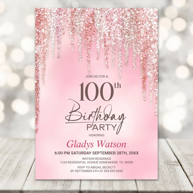Invitación Fiesta de cumpleaños 100 con purpurina rosa (Subido por el creador)