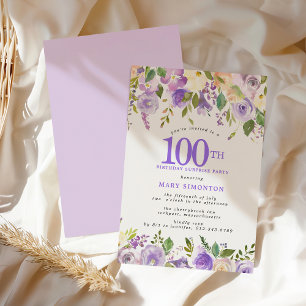 Invitación FIESTA DE CUMPLEAÑOS 100 Cumpleaños Flores Moradas