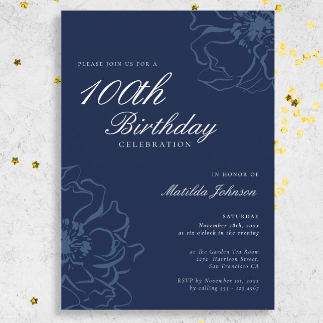 Invitación Fiesta de cumpleaños 100 de Blue Floral (Blue Floral 100th Birthday Party Invitation)