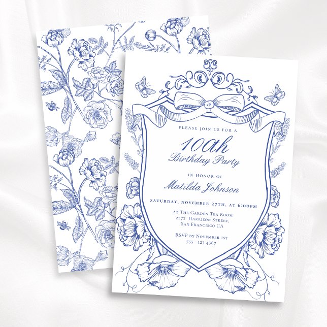 Invitación Fiesta de cumpleaños 100 de Blue Floral (Blue Floral 100th Birthday Party Invitation)