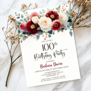 Invitación Fiesta de cumpleaños 100 de Borgoña y Floral Blanc