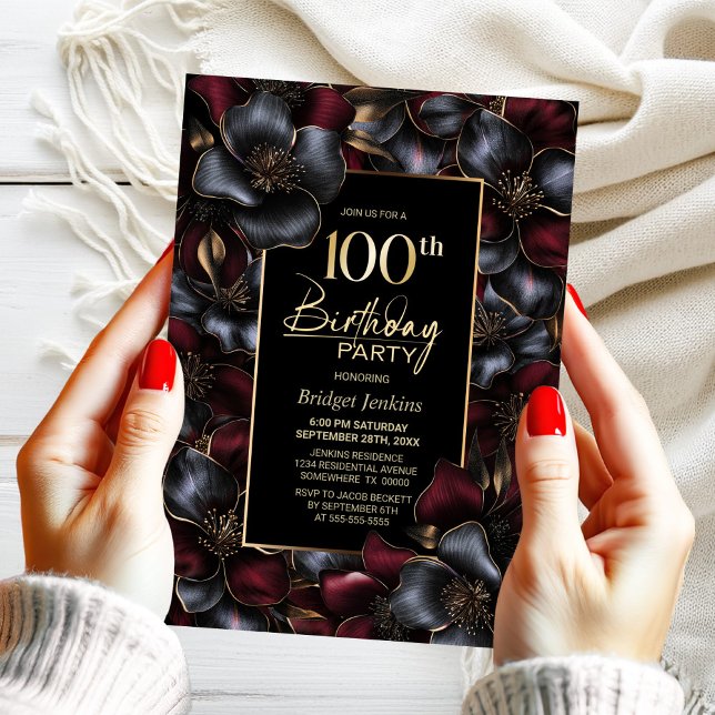 Invitación Fiesta de cumpleaños 100 de Borgoña y Floral Gris (Subido por el creador)