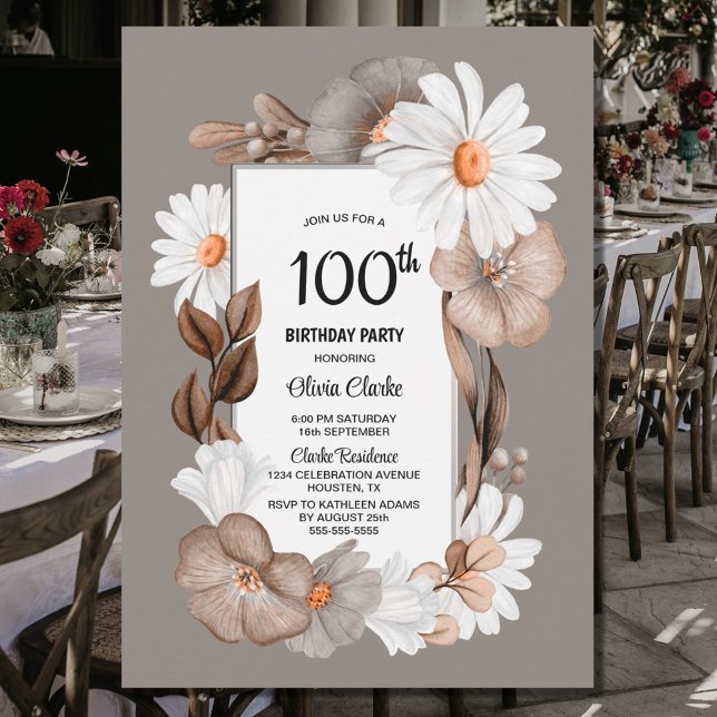 Invitación Fiesta de cumpleaños 100 de Earthy Floral (Subido por el creador)