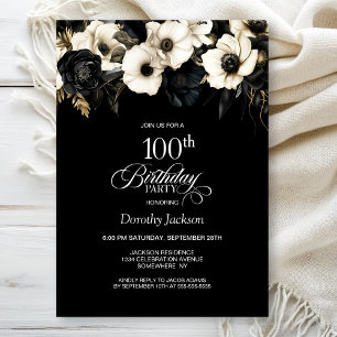 Invitación Fiesta de cumpleaños 100 de Floral blanca y negra
