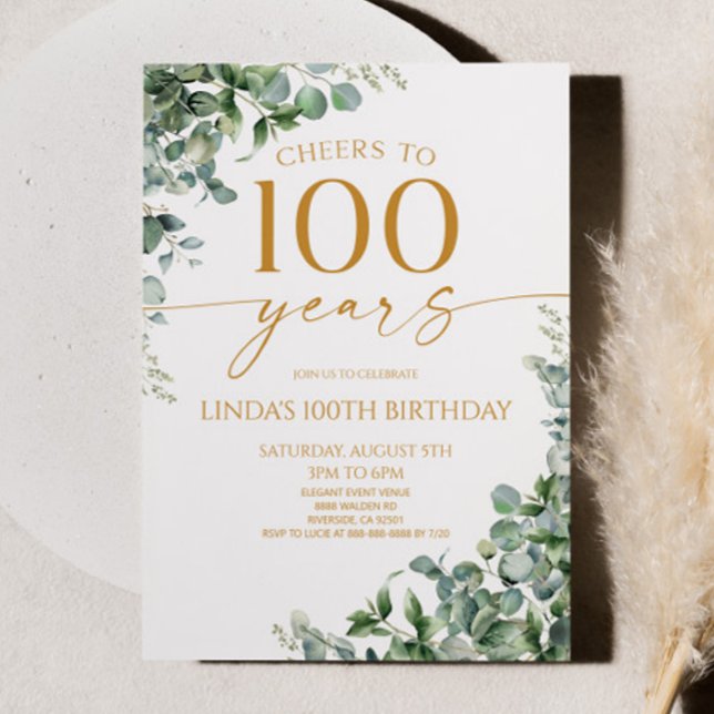 Invitación Fiesta de cumpleaños 100 de Green Eucalyptus Gold (Subido por el creador)