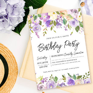 Invitación Fiesta de cumpleaños 100 de la Floral Púrpura