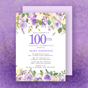Invitación Fiesta de cumpleaños 100 de la Floral Púrpura