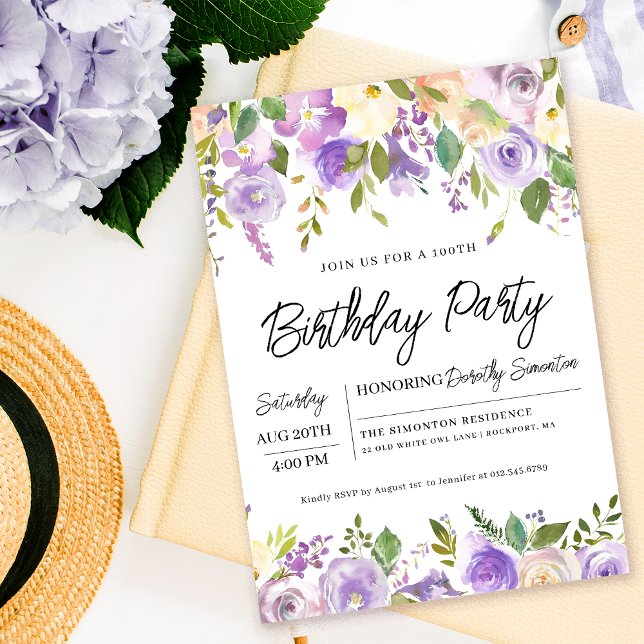 Invitación Fiesta de cumpleaños 100 de la Floral Púrpura (Matching party supplies and welcome signs available. Message me for help finding them!)