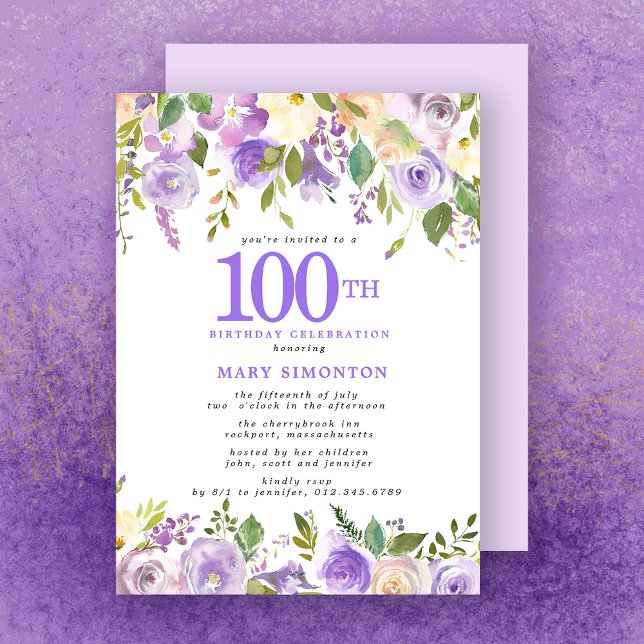 Invitación Fiesta de cumpleaños 100 de la Floral Púrpura (Subido por el creador)