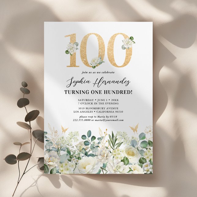 Invitación Fiesta de cumpleaños 100 de la Floral Verde y Blan (Subido por el creador)