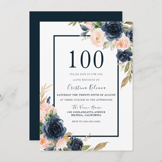 Invitación Fiesta de cumpleaños 100 de Navy y Rubor Floral El (Anverso / Reverso)