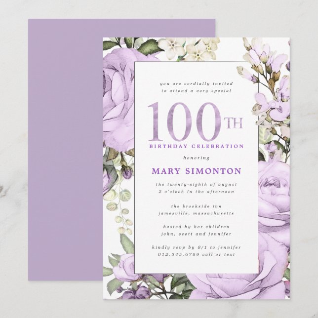 Invitación Fiesta de cumpleaños 100 de Purple Floral (Anverso / Reverso)