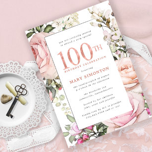 Invitación Fiesta de cumpleaños 100 de Rubor Pink Floral