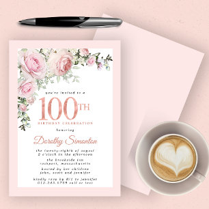 Invitación Fiesta de cumpleaños 100 de Rubor Pink Floral