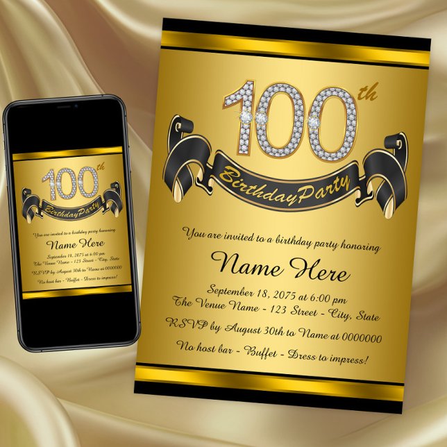 Invitación Fiesta de cumpleaños 100 dorada (100th birthday party invitation. Instant download and printed invitations available.)
