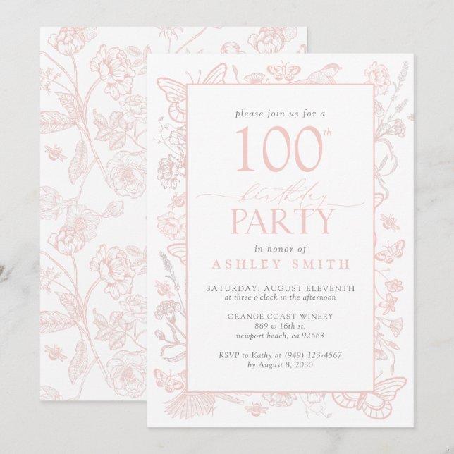 Invitación Fiesta de cumpleaños 100 Elegante Rubor Pink Flora (Anverso / Reverso)
