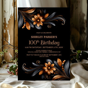 Invitación Fiesta de cumpleaños 100 floral naranja negra