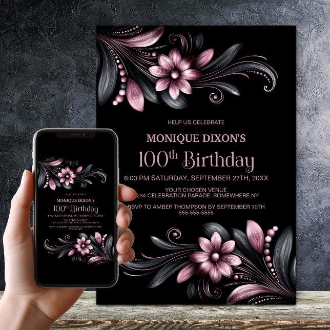 Invitación Fiesta de cumpleaños 100 floral negro rosa (Subido por el creador)