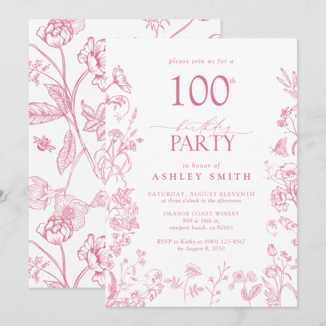 Invitación Fiesta de cumpleaños 100 Rosado, Floral victoriana (Anverso / Reverso)