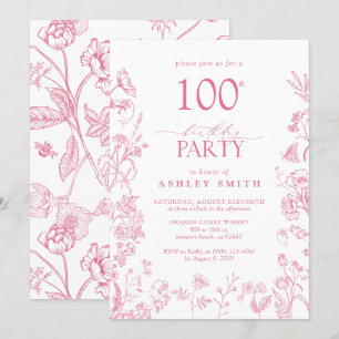 Invitación Fiesta de cumpleaños 100 Rosado, Floral victoriana