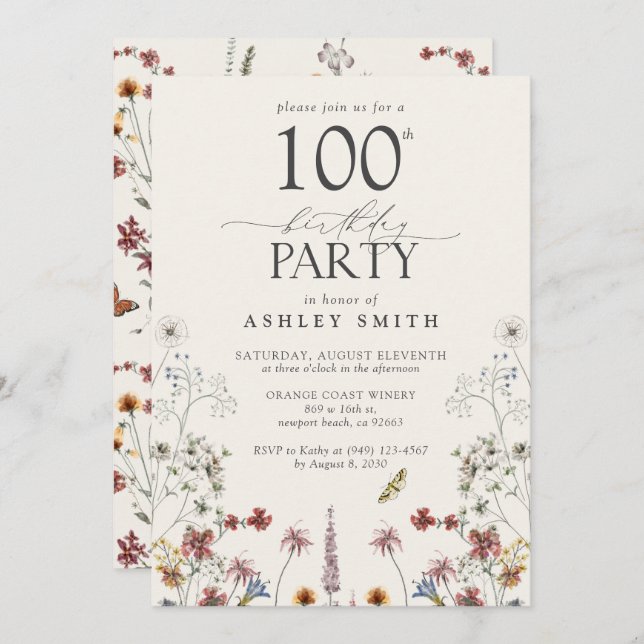 Invitación Fiesta de cumpleaños 100 Rustic Wildflower Garden (Anverso / Reverso)