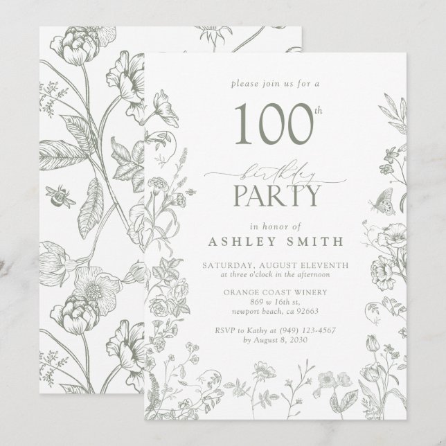 Invitación Fiesta de cumpleaños 100 Sage Green Victorian Flor (Anverso / Reverso)