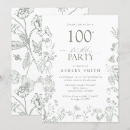 Invitación Fiesta de cumpleaños 100 Sage Green Victorian Flor