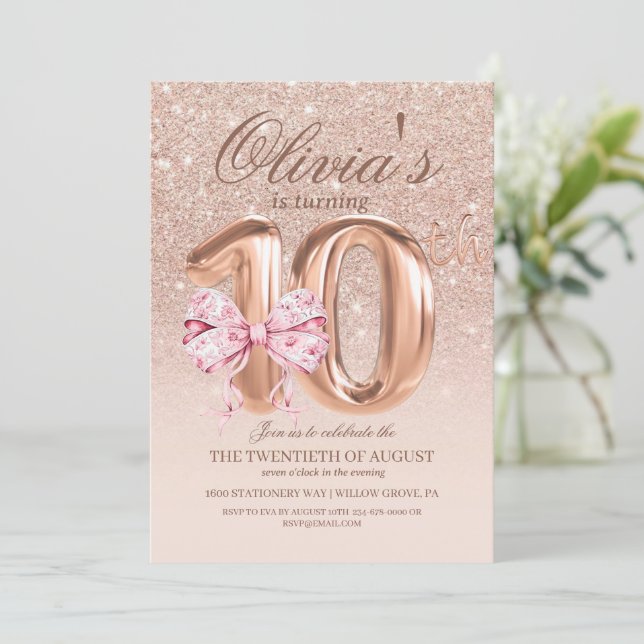 Invitación Fiesta de cumpleaños 10 de Rosa Rosado y Oro (Anverso de pie)