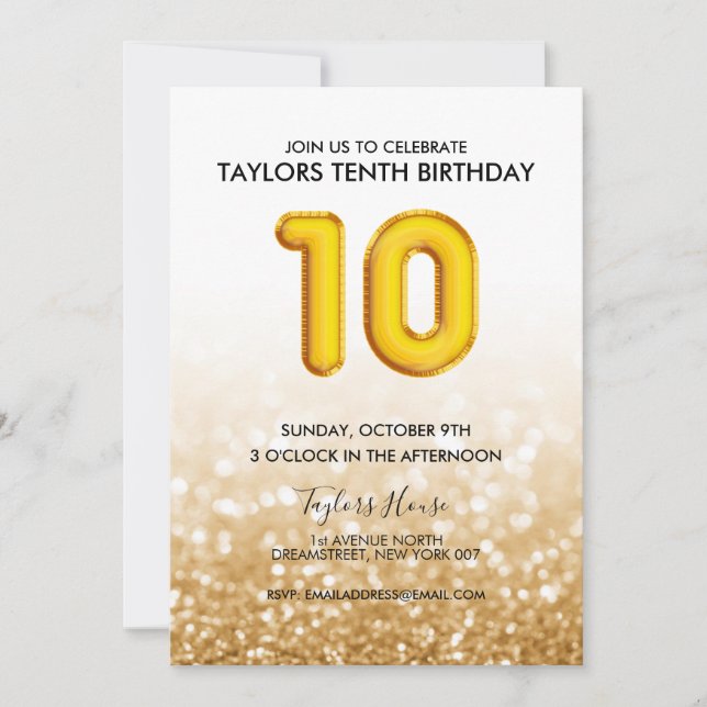 Invitación 
Fiesta de cumpleaños 10 Purpurina de globos de o (Anverso)