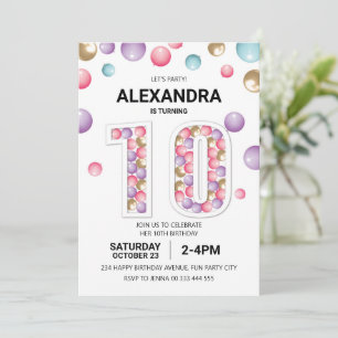 Invitación Fiesta de cumpleaños 10 Rainbow, Chica de globos r
