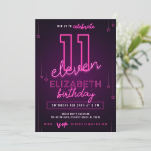 Invitación Fiesta de cumpleaños 11 de Neon Rosa, dejemos el b
