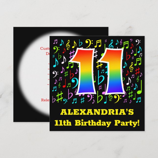 Invitación Fiesta de cumpleaños 11: Símbolos musicales divert (Anverso / Reverso)